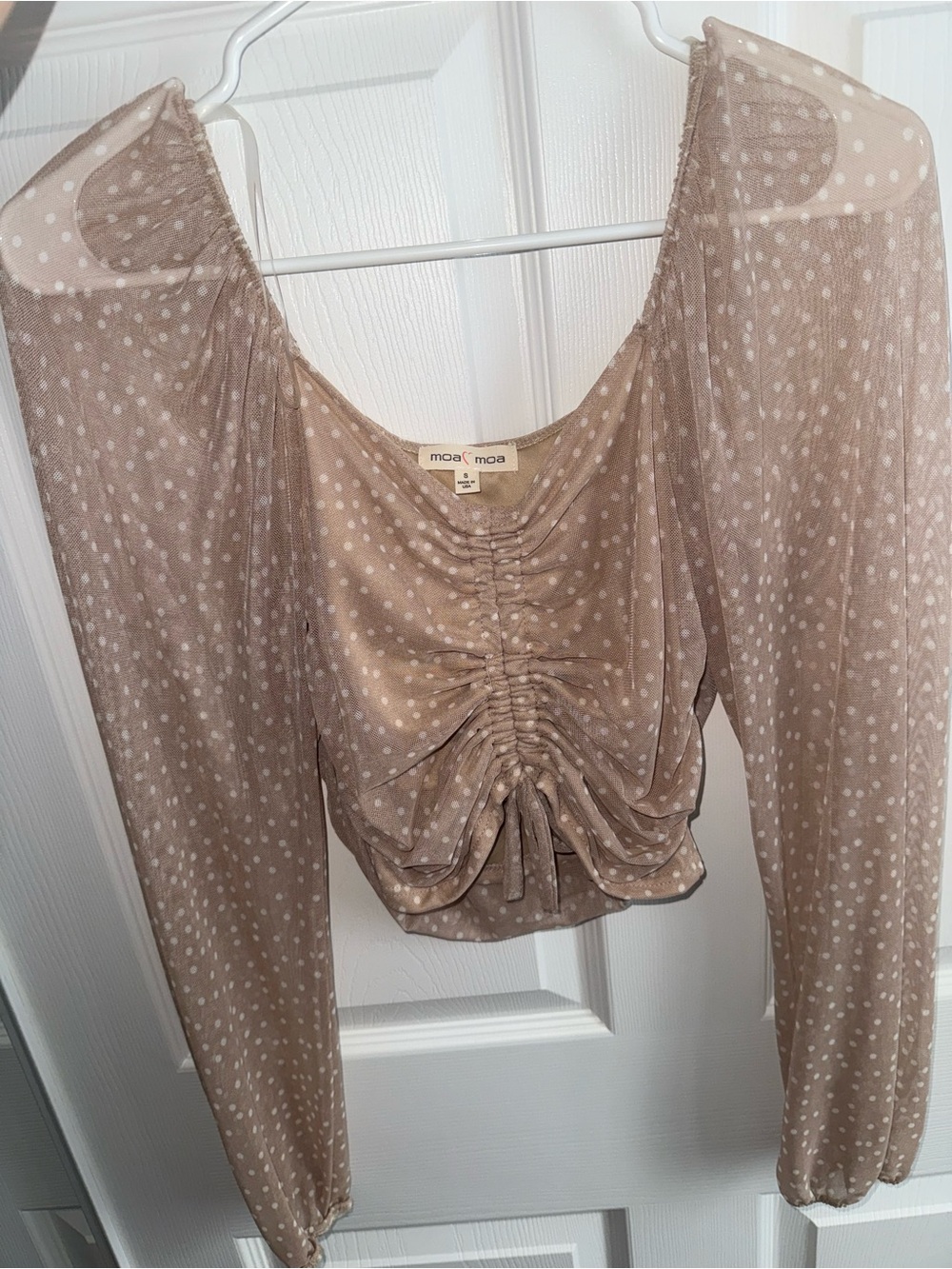 Moa Moa Beige Polka Dot Ruched Long Sleeve Crop Top